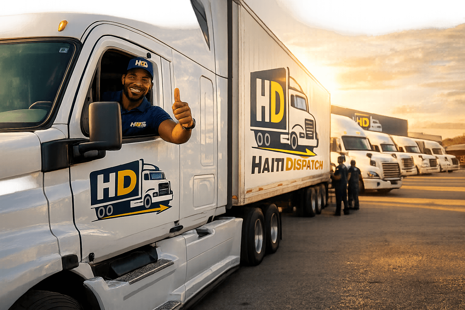 Haiti Dispatch driver giving a thumbs up in front of the fleet