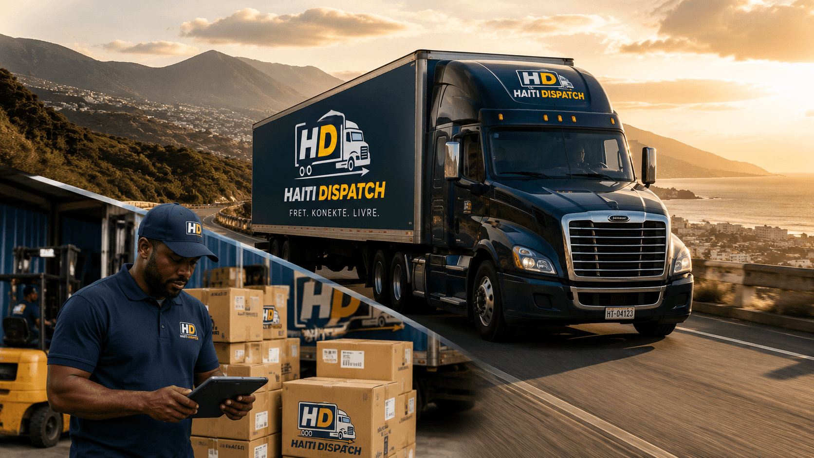 Haiti Dispatch vehicle on the road with a driver checking inventory